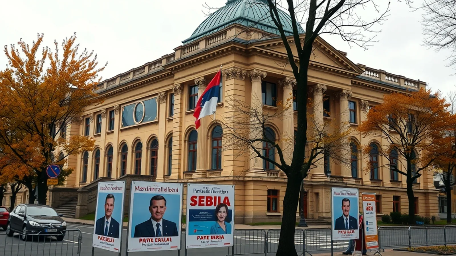Zgrada parlamenta sa izbornim plakatima na ulici