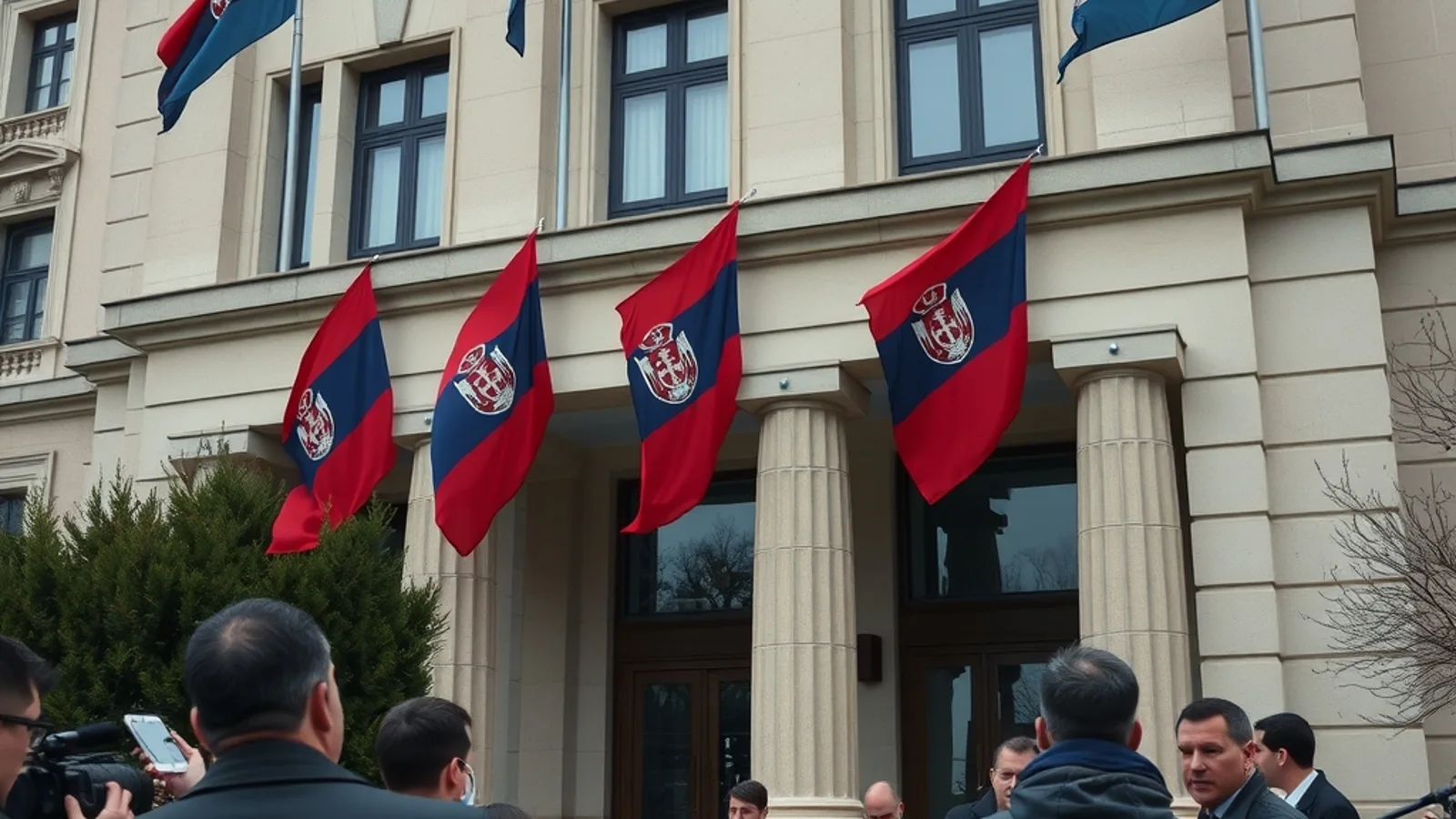 Zgrada državne institucije u Beogradu sa srpskim zastavama