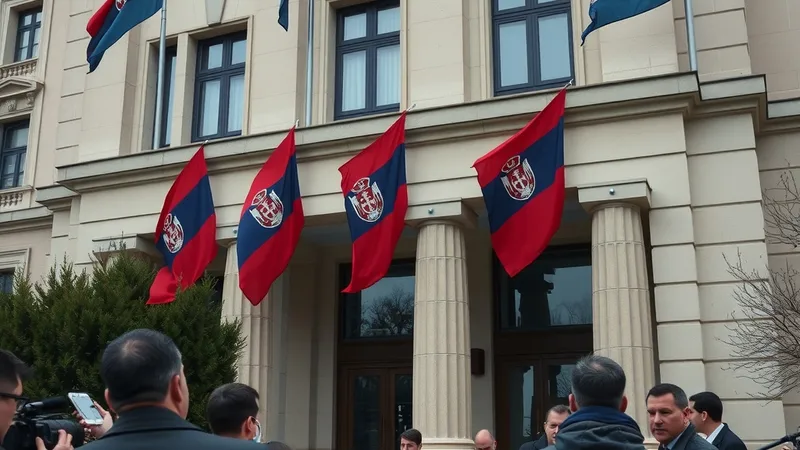 Zgrada državne institucije u Beogradu sa srpskim zastavama