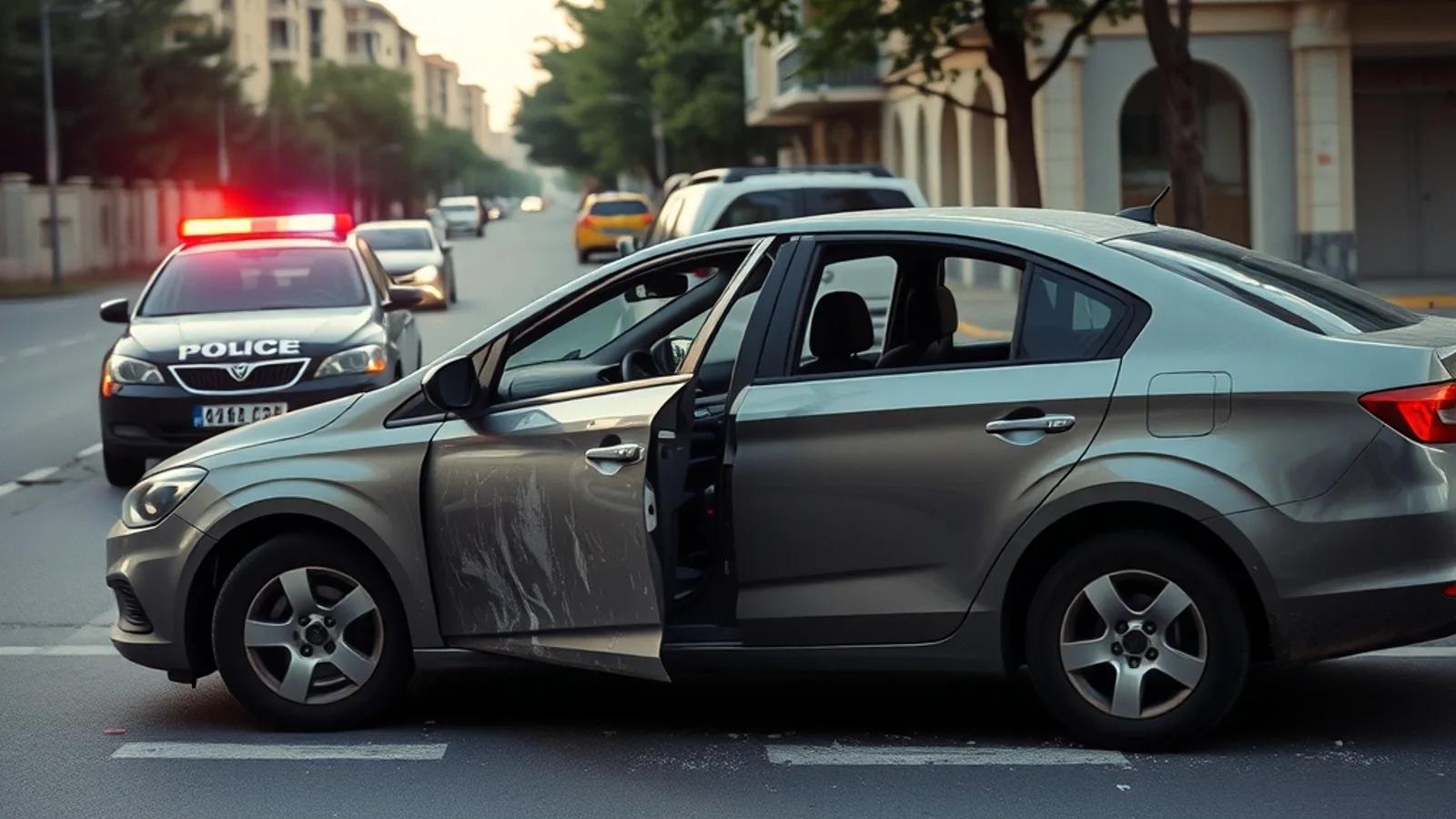 Automobil s razbijenim staklima na ulici, ilustracija